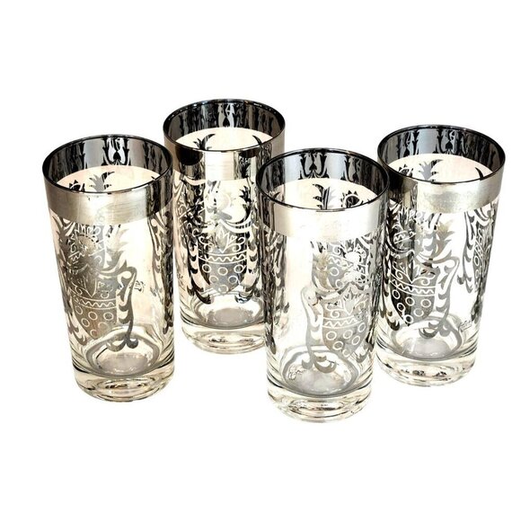Vintage Kimiko Bar Glasses Silver Guardian Shield Coat Of Arms Tall Tumblers HIg - Picture 1 of 16